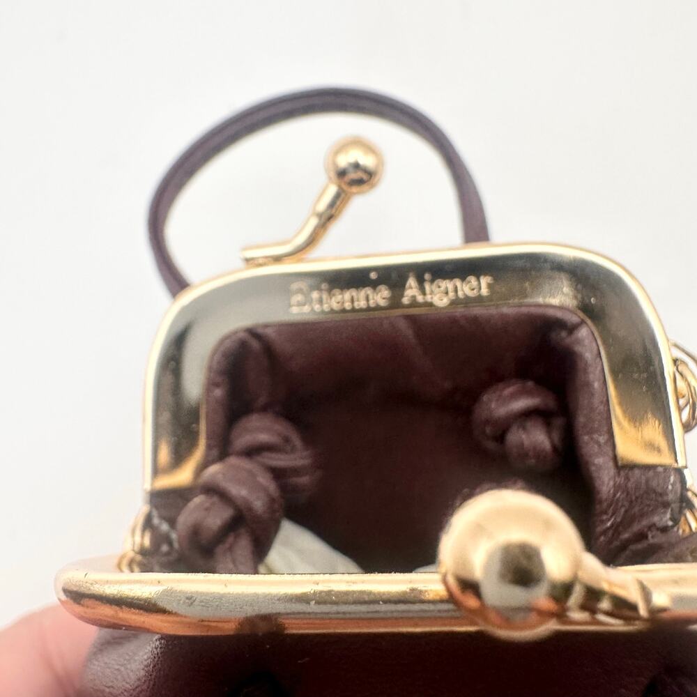 Etienne Aigner Brown Leather Kisslock Miniature Coin Top Handle Purse Keychain - Picture 5 of 5